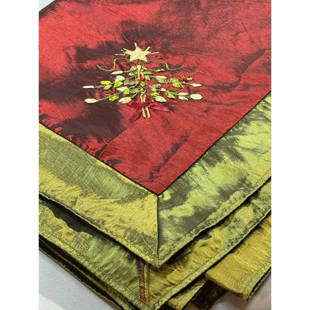 Holiday Christmas Tree Embroidered Table Cloth Shimmery‎ Silky Red Green Trim